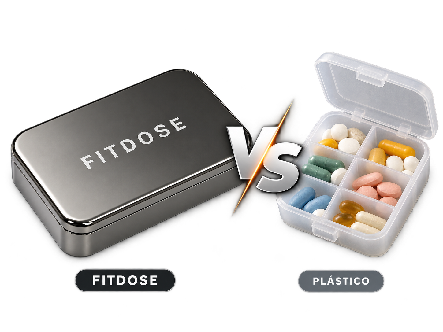 Comparativa visual entre FITDOSE y un pastillero de plástico, con un VS entre ambos