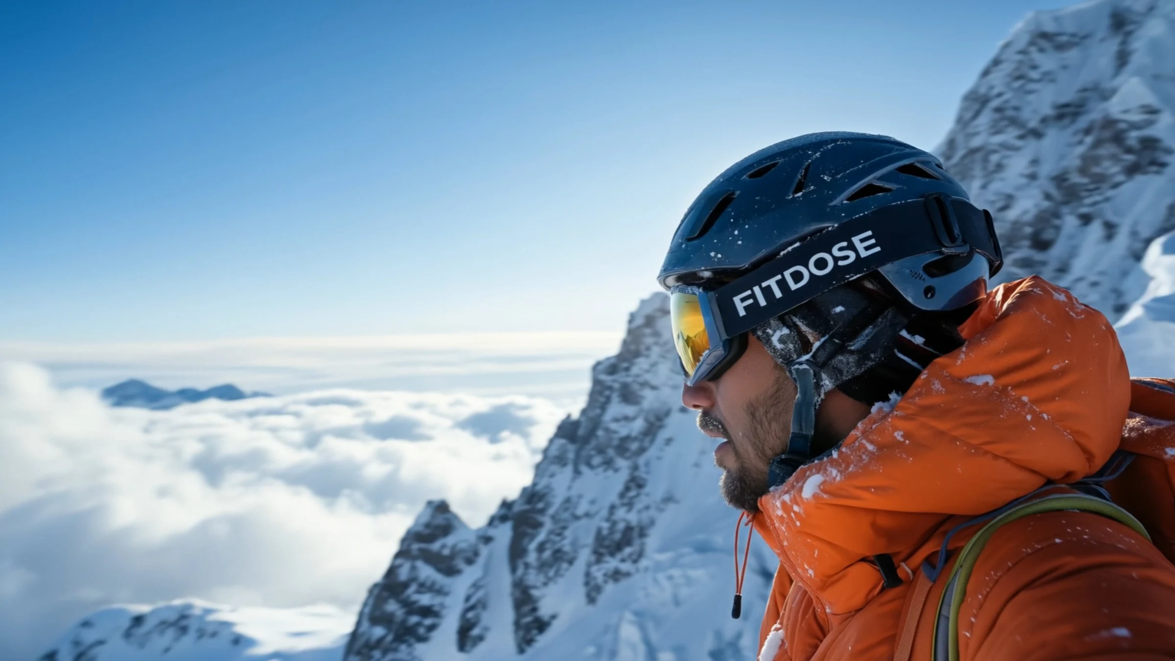 Esquiador con casco FITDOSE en la montaña nevada