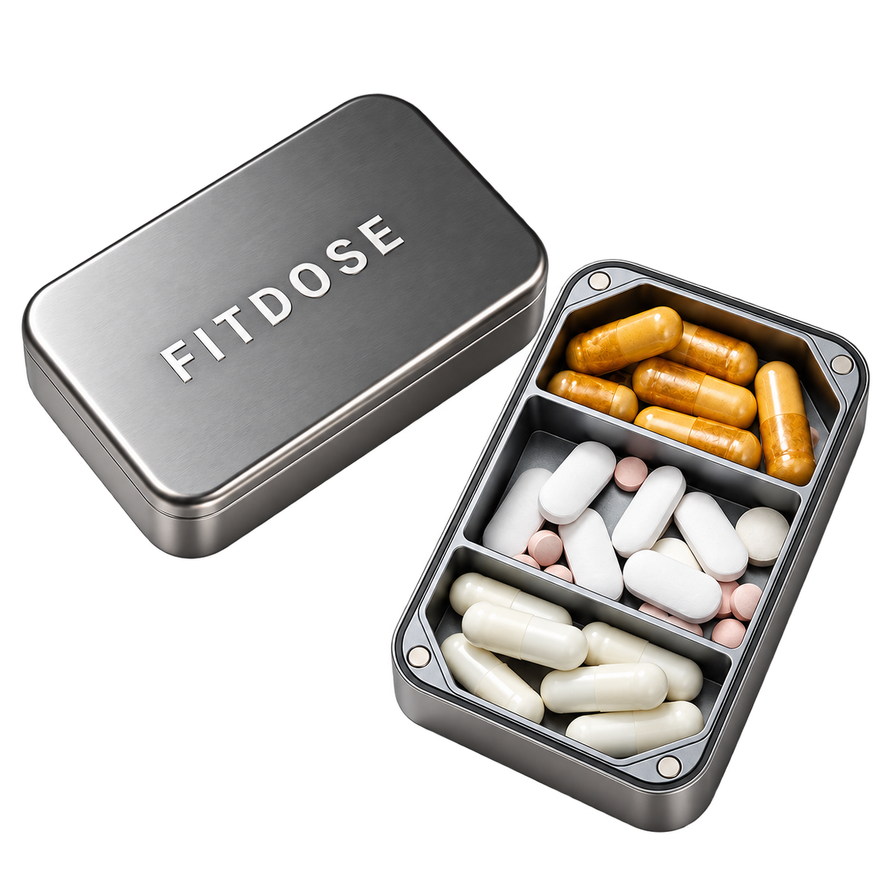 Pastillero FITDOSE con los compartimentos visibles, listo para vitaminas y suplementos